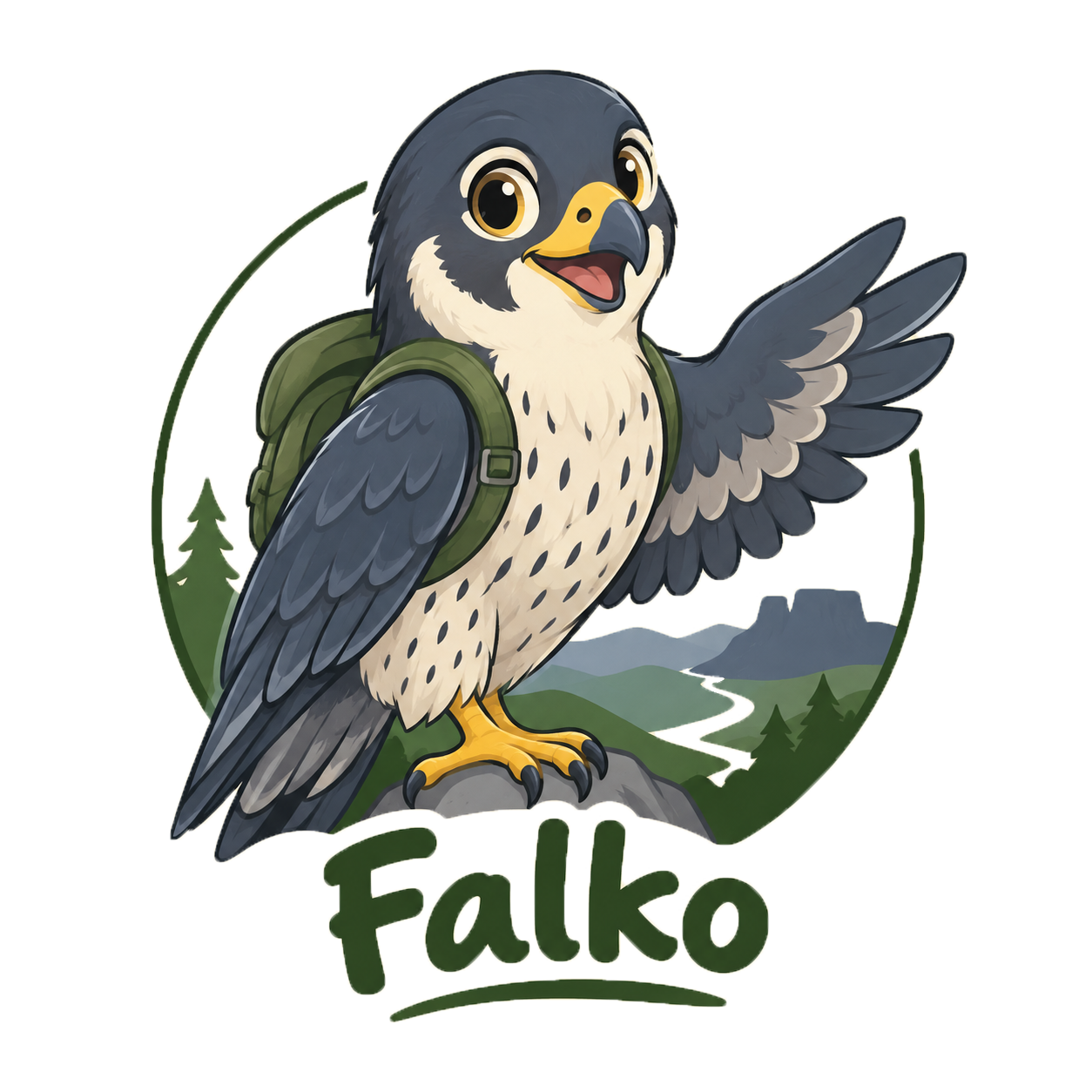 Falko, der Wanderfalke mit Rucksack, winkt freundlich