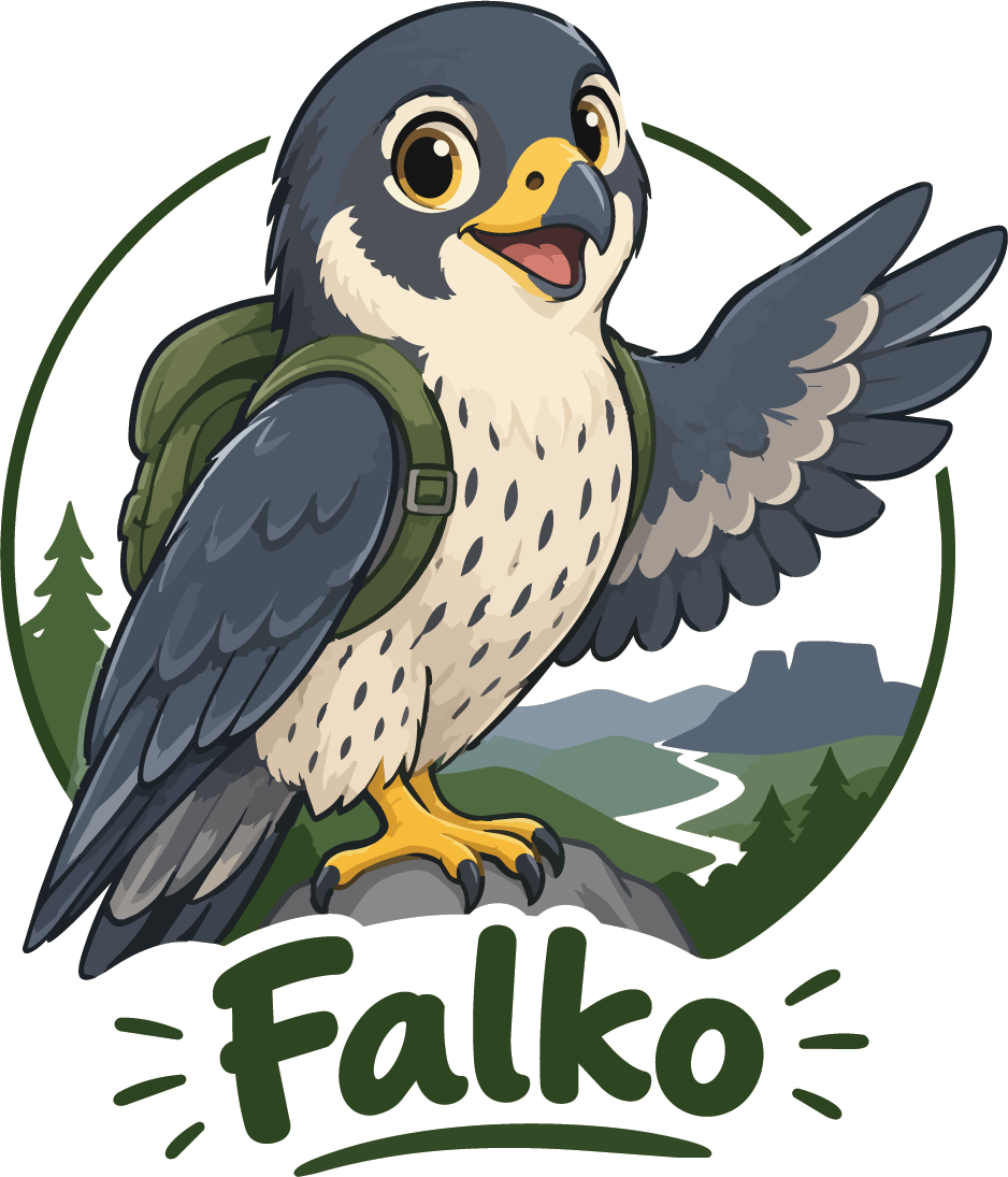 Falko, der Wanderfalke mit Rucksack, winkt freundlich